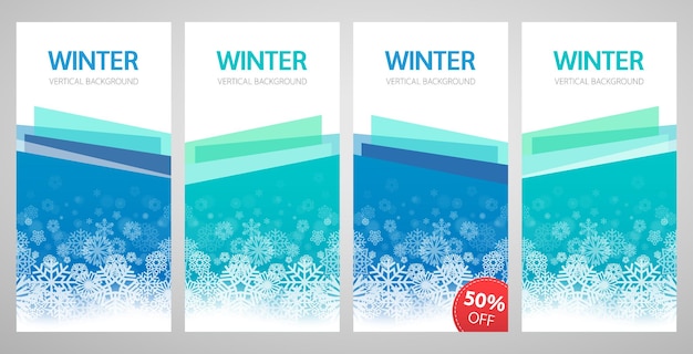 Conjunto de banners de desconto de inverno azul com flocos de neve