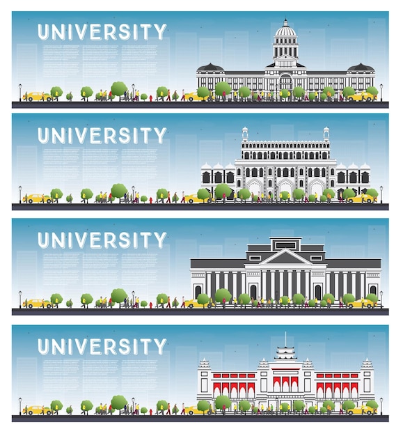 Conjunto de banners de estudo universitário.