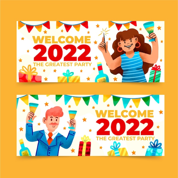 Conjunto de banners de feliz ano novo em aquarela de 2022