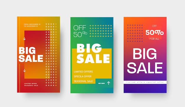 Conjunto de banners de gradiente de vetor com setas e 50% de desconto para mídias sociais e aplicativos móveis. modelo de design de grande venda, ofertas especiais.