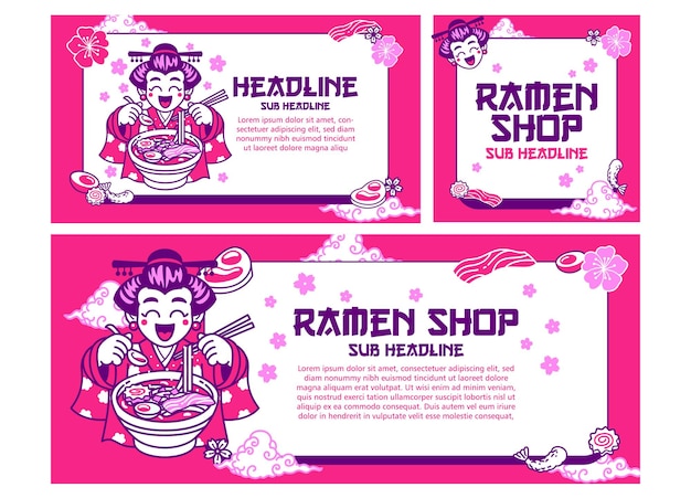 Conjunto de banners de ilustração de mulher de quimono japonês comendo ramen