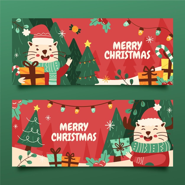 Vetor conjunto de banners de natal horizontais desenhados à mão