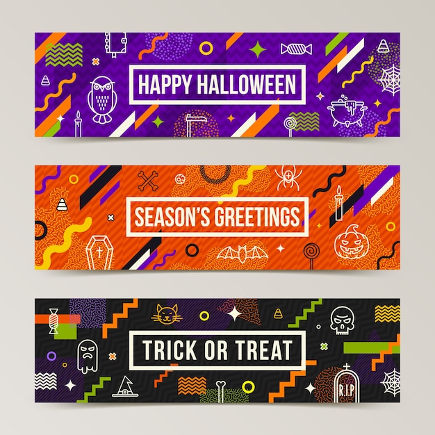Vetor conjunto de banners de saudação de halloween. coleção de padrão com sinais de halloween, símbolos e forma diferente abstrata.