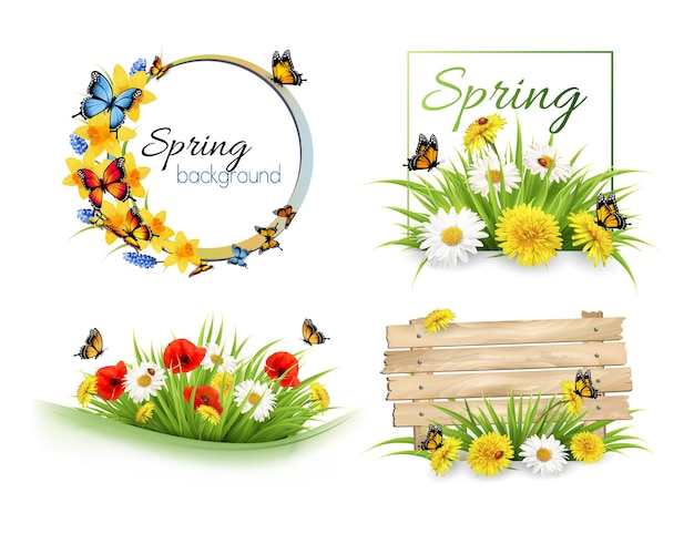 Conjunto de banners de venda de primavera com flores e cartões vetor