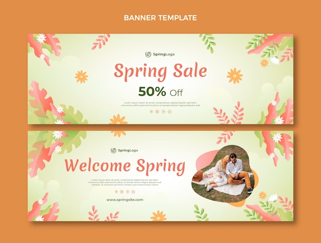 Conjunto de banners de venda horizontal de primavera gradiente