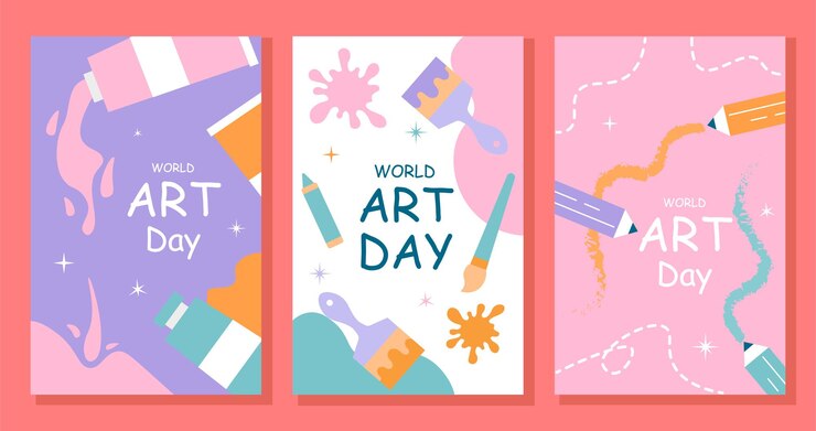 Vetor conjunto de banners do dia da arte pacote de tintas e pincéis para criatividades folheto e folheto folheto feriado internacional e festival cartoon coleção de vetores planos isolados em fundo rosa