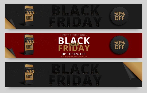 Vetor conjunto de banners horizontais da black friday