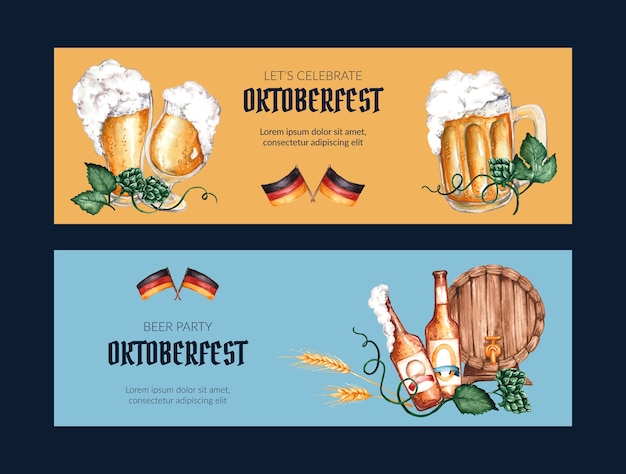 Vetor conjunto de banners horizontais da oktoberfest em aquarela