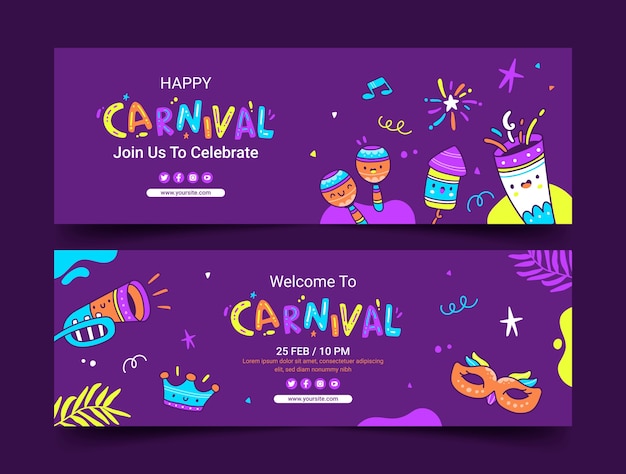 Conjunto de banners horizontais de celebração de carnaval desenhados à mão
