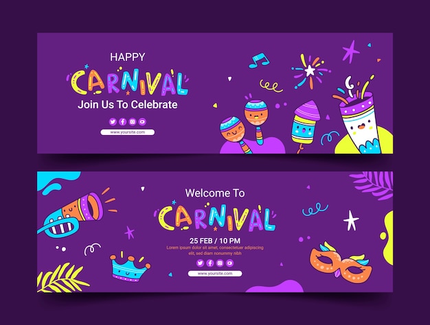 Vetor conjunto de banners horizontais de celebração de carnaval desenhados à mão