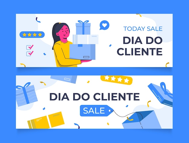 Vetor conjunto de banners horizontais de dia do cliente plano