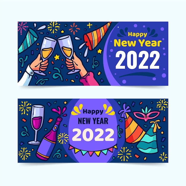 Vetor conjunto de banners horizontais de feliz ano novo de 2022 desenhados à mão