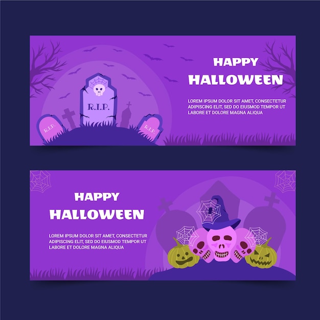 Vetor conjunto de banners horizontais de halloween desenhados à mão