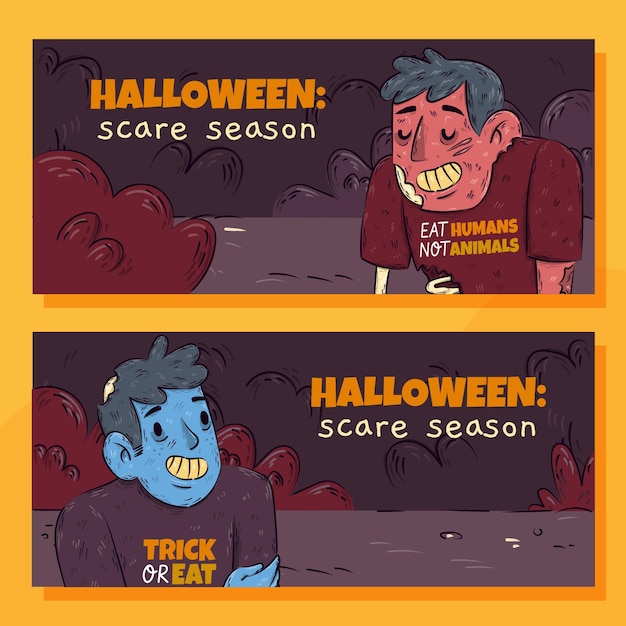 Conjunto de banners horizontais de halloween desenhados à mão