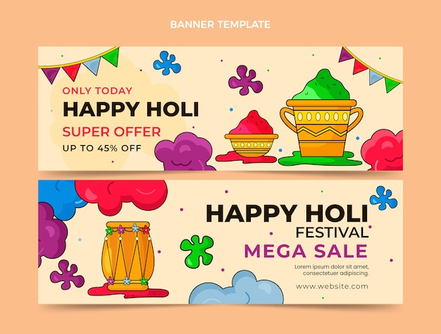 Vetor conjunto de banners horizontais de holi desenhados à mão