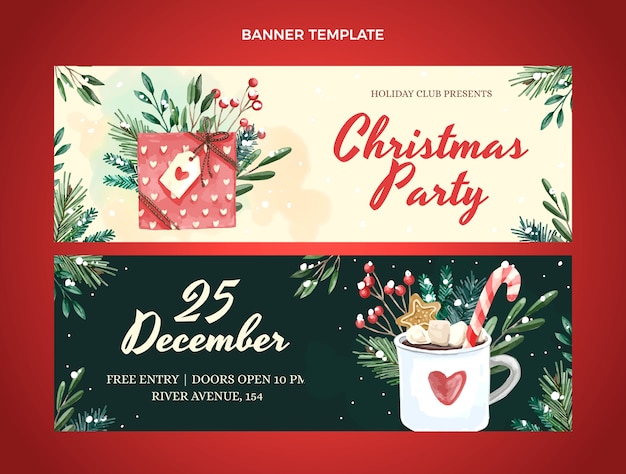 Vetor conjunto de banners horizontais de natal em aquarela