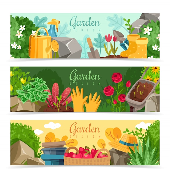 Conjunto de banners horizontais de plantas de jardim