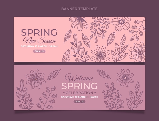 Vetor conjunto de banners horizontais de primavera desenhados à mão