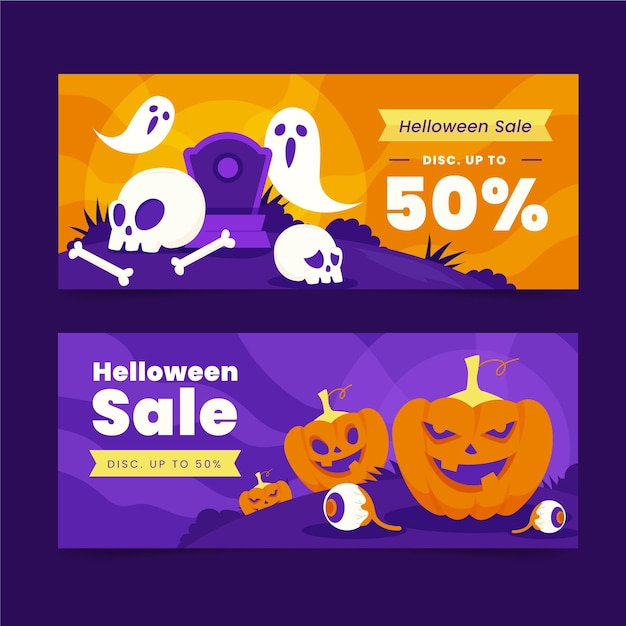 Conjunto de banners horizontais de venda de halloween desenhado à mão