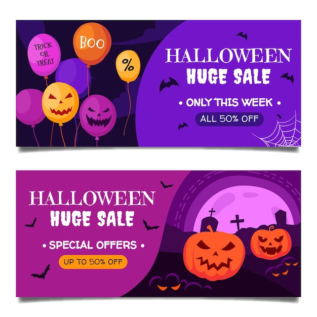 Vetor conjunto de banners horizontais de venda de halloween desenhado à mão