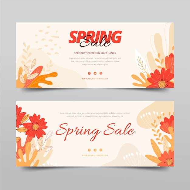 Conjunto de banners horizontais de venda de primavera plana