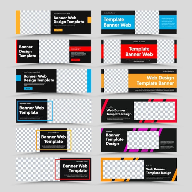 Vetor conjunto de banners horizontais de web pretos com lugar para foto e texto e retângulos coloridos, molduras e diagonais. modelos para empresas de publicidade.