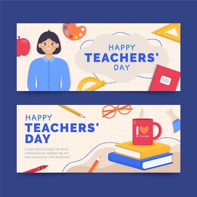Conjunto de banners horizontais desenhados à mão para o dia dos professores