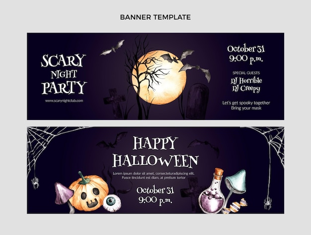 Vetor conjunto de banners horizontais em aquarela de halloween