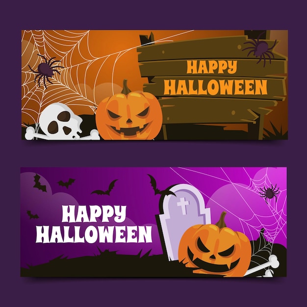 Vetor conjunto de banners horizontais gradientes de halloween