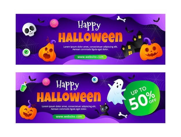 Vetor conjunto de banners horizontais gradientes de halloween