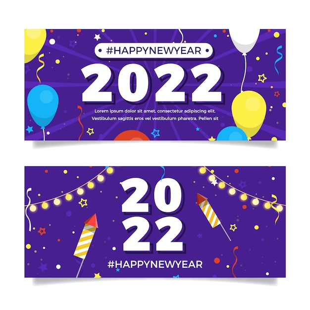 Conjunto de banners horizontais plana feliz ano novo de 2022