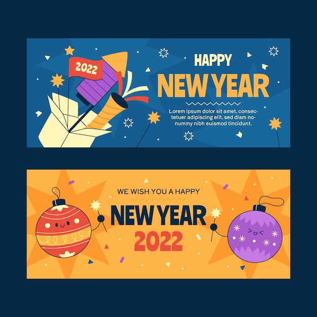 Vetor conjunto de banners horizontais plana feliz ano novo de 2022