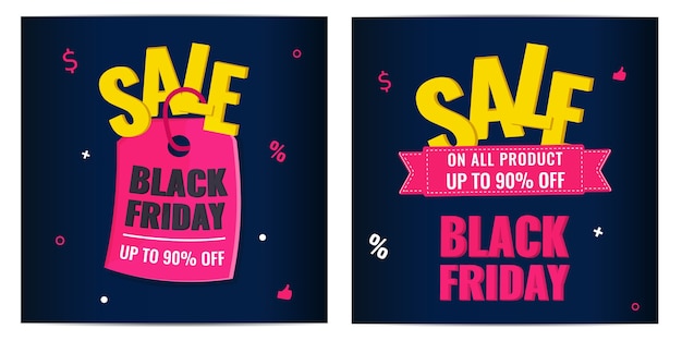 Conjunto de banners modernos de venda de evento de black friday com etiqueta rosa em fundo escuro. conceito de campanha publicitária.