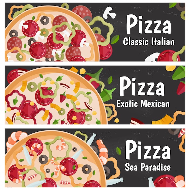 Conjunto de banners para pizza de tema com design plano de gostos diferentes na lousa