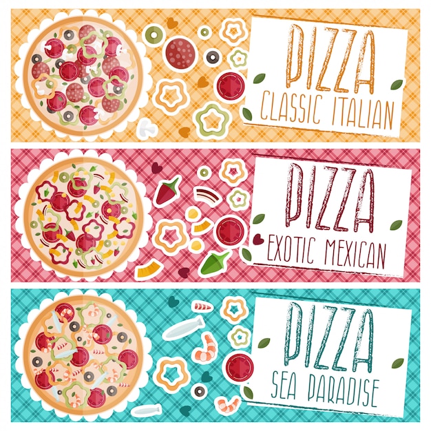 Conjunto de banners para pizza de tema com gostos diferentes