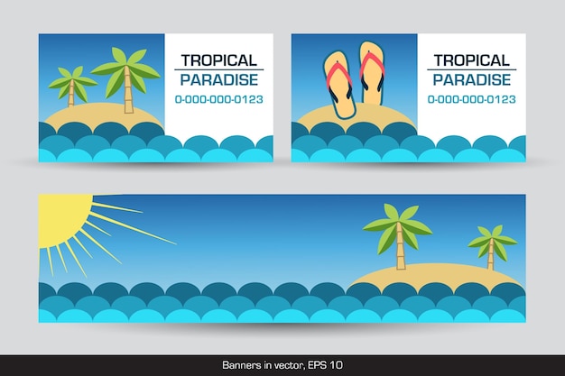 Vetor conjunto de banners tropicais e ilustração vetorial de cartões de visita