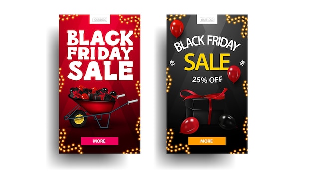 Conjunto de banners verticais de desconto black friday com carrinho de mão com presentes para black friday, balões, moldura de guirlanda e botão para oferta. banners de desconto em vermelho e preto isolados em fundo branco