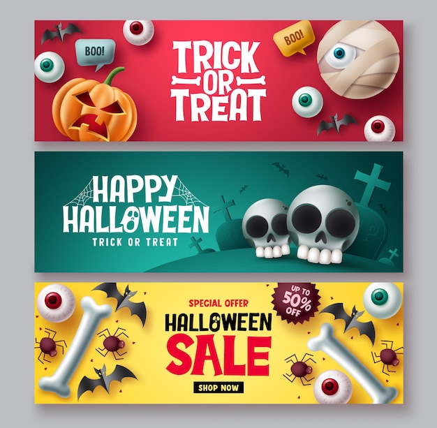 Conjunto de banners vetoriais de venda de halloween, truques ou travessuras de halloween, oferta de preço com desconto com fofo e assustador