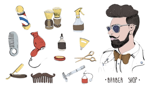 Vetor conjunto de barbearia de mão desenhada. acessórios de coleção pente, lâmina de barbear, pincel de barbear, tesoura, secador de cabelo, bastão de barbeiro e spray de garrafa.