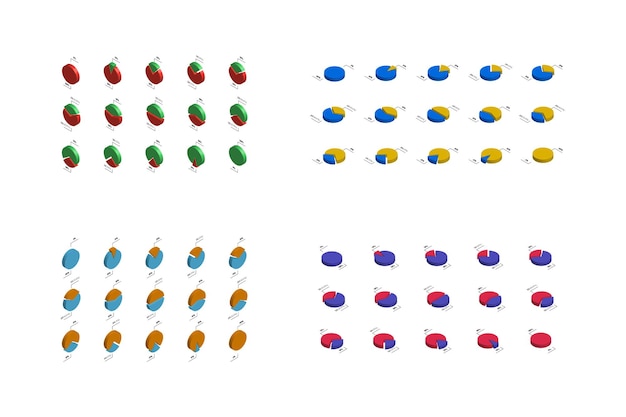 Conjunto de barras de progresso isométricas com porcentagem. modelo de design infográfico de gráfico de pizza moderno