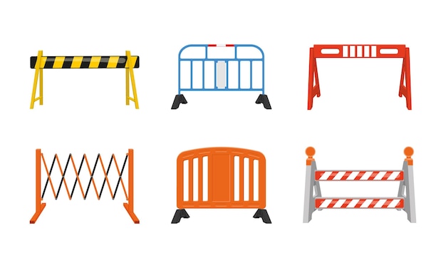 Vetor conjunto de barreiras rodoviárias de metal e plástico diferentes obstáculos de tráfego conceito de segurança da zona de trabalho