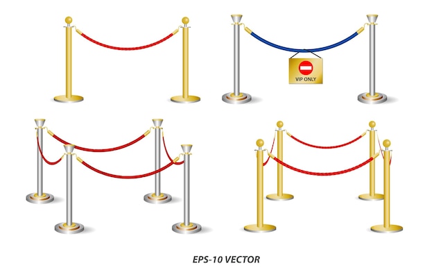 Conjunto de barricada dourada realista ou corda de barreira de suporte isolado vetor eps