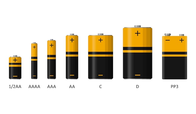 Vetor conjunto de bateria alcalina com diferentes tamanhos isolados