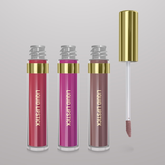 Conjunto de batom líquido realista. Ilustração 3D, design cosmético moderno