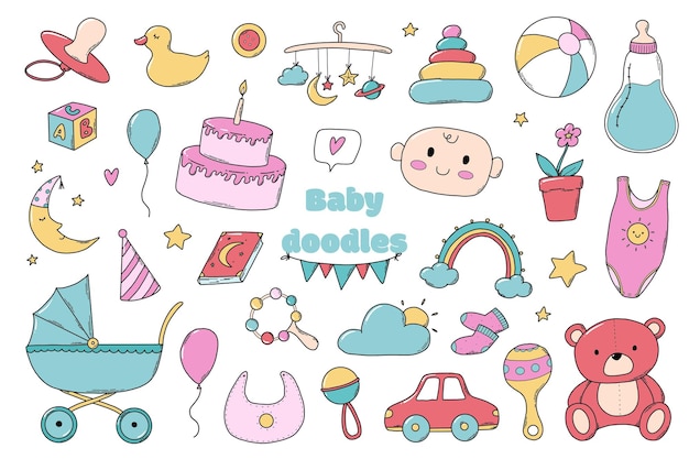 Conjunto de bebê doodles brinquedos clip art elementos de desenho animado para adesivos imprime cartões