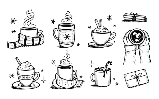 Conjunto de bebida quente de natal de inverno, café, chá, chocolate. estilo de esboço desenhado de mão. copo de bebida, caneca com lenço de inverno. ilustração vetorial.