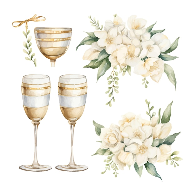 Conjunto de bebidas de casamento em aquarela, taças de champanhe, alianças de casamento douradas e flores