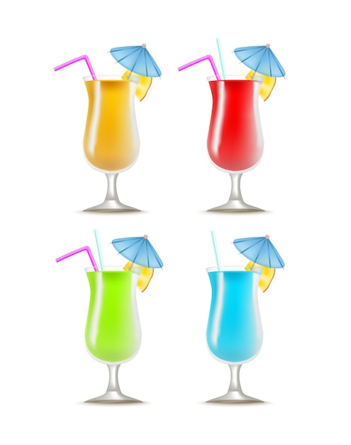 Conjunto de bebidas de festa de coquetel 3D detalhado realista isolado em fundo branco Símbolo de celebração e refresco na praia Ilustração vetorial