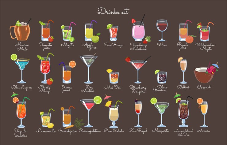 Vetor conjunto de bebidas em um fundo marrom. gráficos vetoriais.