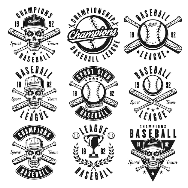 Conjunto de beisebol com emblemas de vetor preto ou estampas de camisetas para design de vestuário isolado no fundo branco